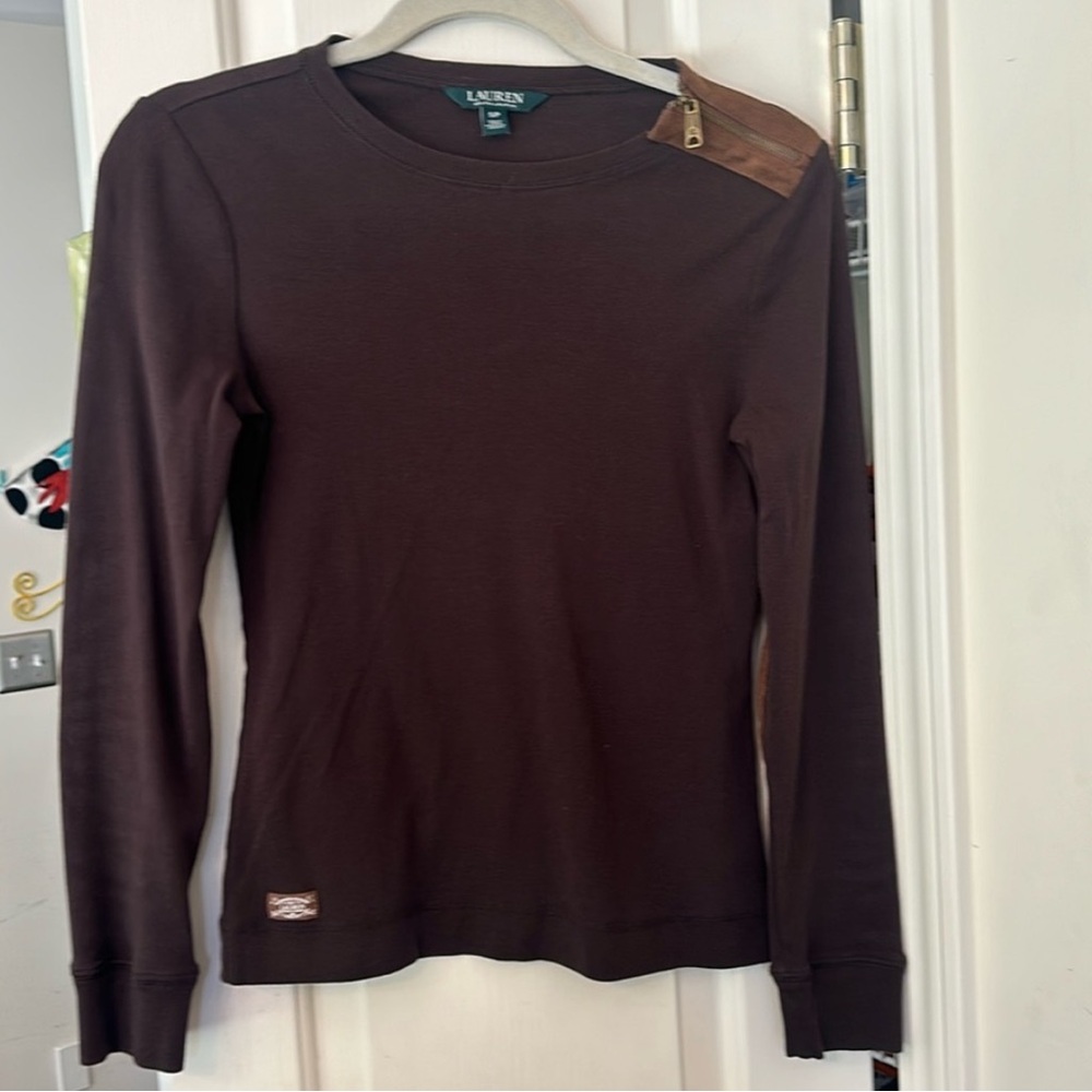 Lauren Ralph Lauren Rich Brown Long Sleeve Top with Cognac‎ Elbow Patches